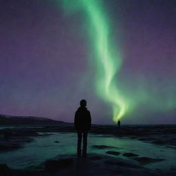 An enigmatic scene under the green and violet hues of the aurora borealis: A distressed boy stands afar, his face obscured. Beside him, on the ground, a human figure lies creating a foreboding and mysterious atmosphere.