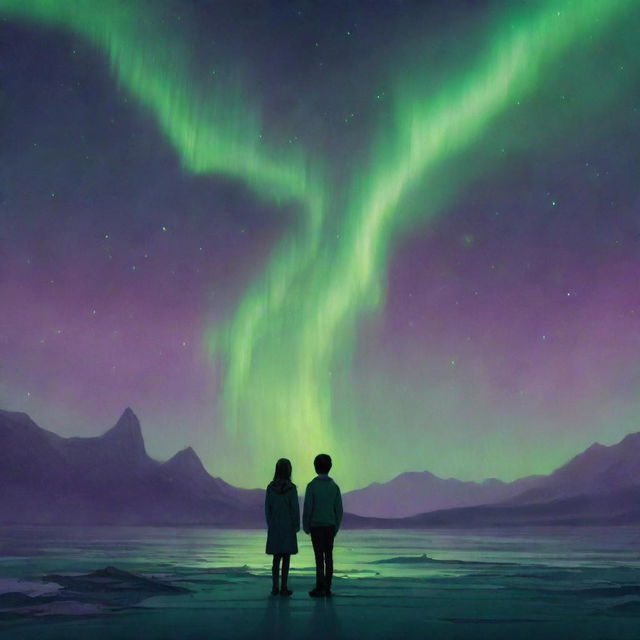 Construct a secretive scene under the green and violet aurora borealis. A heartbroken boy stands afar, his identity hidden. Beside him lies a human figure. In the ethereal sky, subtly incorporate an elusive image of a girl's face.