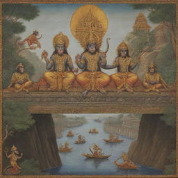 An allegorical scene inspired by the Ramayana where monkeys symbolize collaboration, Ravana symbolizes corruption, Sita symbolizes unity, and a bridge symbolizes infrastructure development.