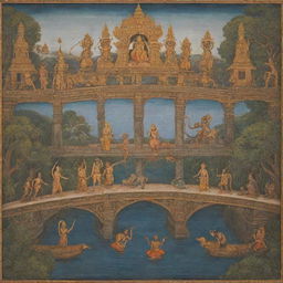 An allegorical scene inspired by the Ramayana where monkeys symbolize collaboration, Ravana symbolizes corruption, Sita symbolizes unity, and a bridge symbolizes infrastructure development.