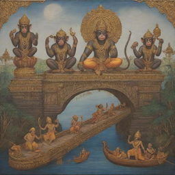 An allegorical scene inspired by the Ramayana where monkeys symbolize collaboration, Ravana symbolizes corruption, Sita symbolizes unity, and a bridge symbolizes infrastructure development.