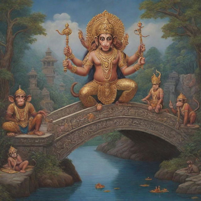 An allegorical scene inspired by the Ramayana where monkeys symbolize collaboration, Ravana symbolizes corruption, Sita symbolizes unity, and a bridge symbolizes infrastructure development.