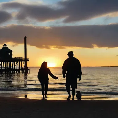 As the sun set, they strolled hand in hand near the beach, admiring the flagstaff standing proudly at the pier.