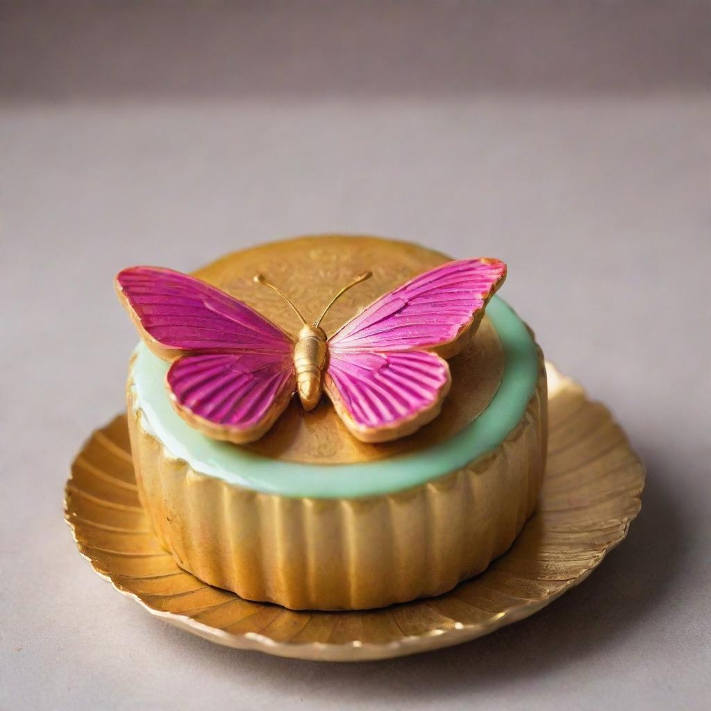 A vibrant butterfly perched on an Asian mooncake, encased within a gleaming gold plate.