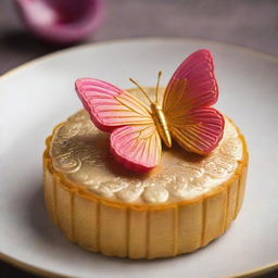 A vibrant butterfly perched on an Asian mooncake, encased within a gleaming gold plate.