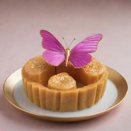 A vibrant butterfly perched on an Asian mooncake, encased within a gleaming gold plate.