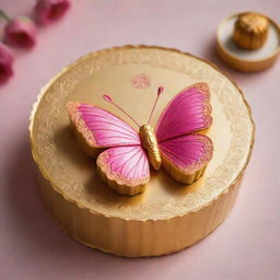 A vibrant butterfly perched on an Asian mooncake, encased within a gleaming gold plate.