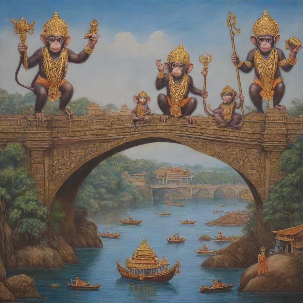 Create an allegorical image based on the Ramayana featuring monkeys symbolizing collaboration, Ravana denoting corruption, Sita embodying unity, and the bridge standing for infrastructure development.