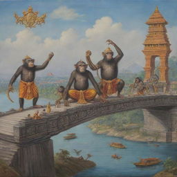 Create an allegorical image based on the Ramayana featuring monkeys symbolizing collaboration, Ravana denoting corruption, Sita embodying unity, and the bridge standing for infrastructure development.