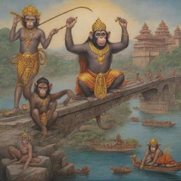 Create an allegorical image based on the Ramayana featuring monkeys symbolizing collaboration, Ravana denoting corruption, Sita embodying unity, and the bridge standing for infrastructure development.