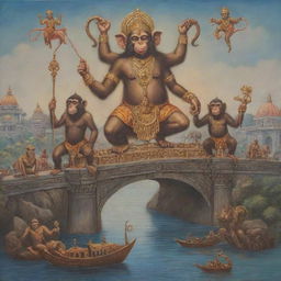 Create an allegorical image based on the Ramayana featuring monkeys symbolizing collaboration, Ravana denoting corruption, Sita embodying unity, and the bridge standing for infrastructure development.