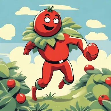 The superhero's sidekick, Tomato Boy, always carries a garden egg as a power-up.