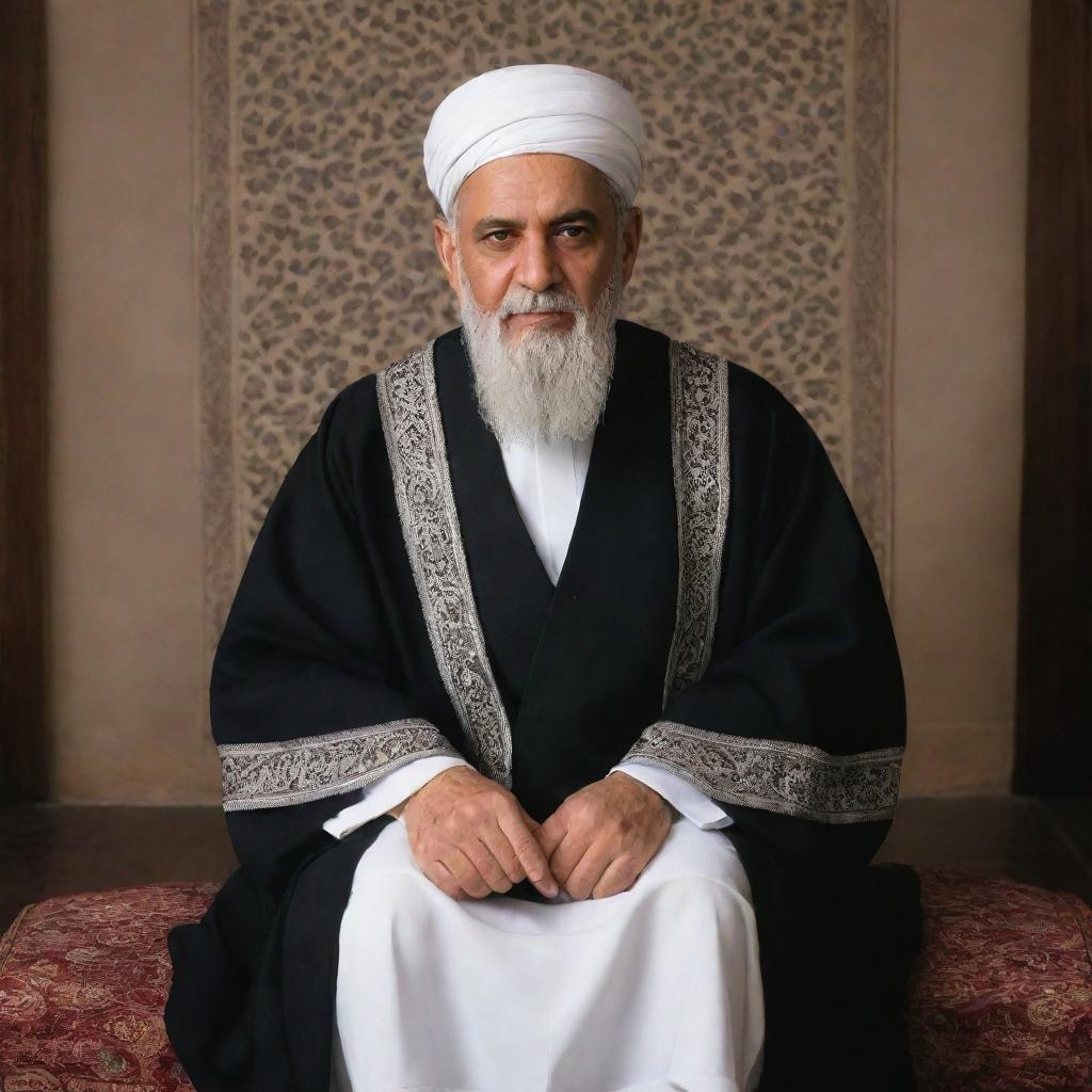 A respected Qazi, or Islamic judge, seated in a traditional setting. His appearance of wisdom and justice mirrored in his attire and surroundings.