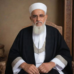 A respected Qazi, or Islamic judge, seated in a traditional setting. His appearance of wisdom and justice mirrored in his attire and surroundings.