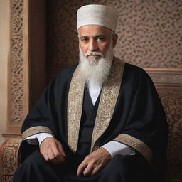 A respected Qazi, or Islamic judge, seated in a traditional setting. His appearance of wisdom and justice mirrored in his attire and surroundings.