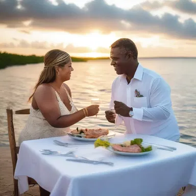 As the sun set on the horizon, they enjoyed a romantic dinner overlooking the crystal-clear waters, with a delicious hog snapper dish as the centerpiece.