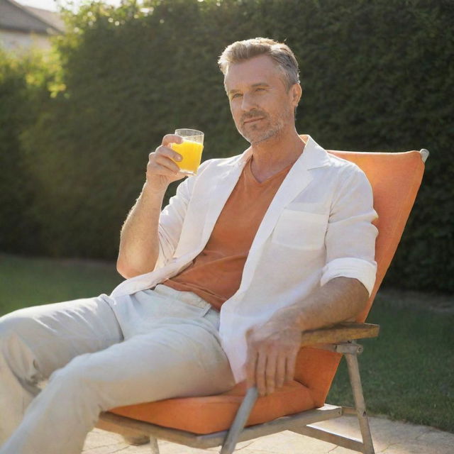 A man in casual attire sitting on a garden chair, enjoying a glass of fresh, bright orange juice under the warm morning sunlight.