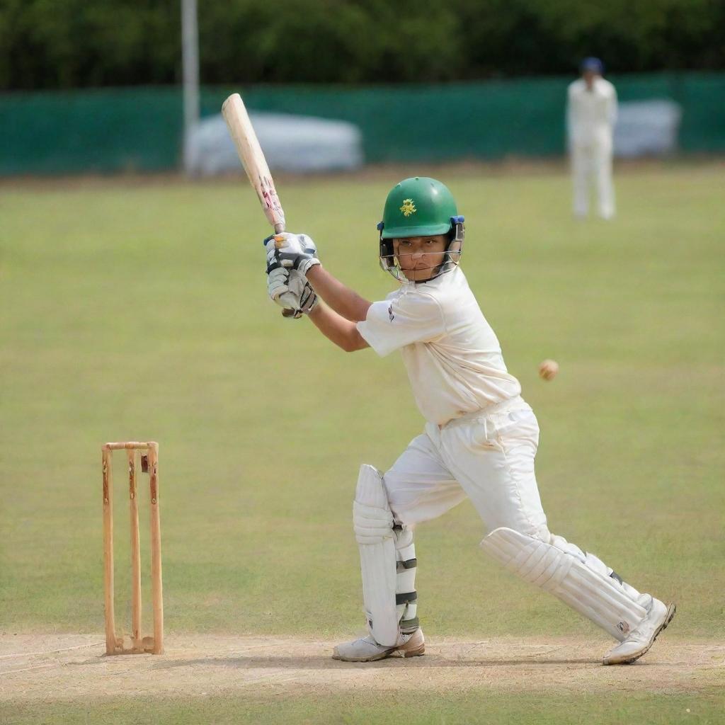 A young boy in action, playing cricket. He is swinging his bat, eyes focused on the incoming ball, with a vibrant green cricket pitch in the background.