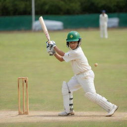 A young boy in action, playing cricket. He is swinging his bat, eyes focused on the incoming ball, with a vibrant green cricket pitch in the background.