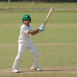 A young boy in action, playing cricket. He is swinging his bat, eyes focused on the incoming ball, with a vibrant green cricket pitch in the background.