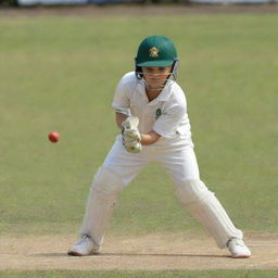 A young boy in action, playing cricket. He is swinging his bat, eyes focused on the incoming ball, with a vibrant green cricket pitch in the background.