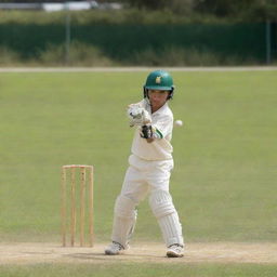 A young boy in action, playing cricket. He is swinging his bat, eyes focused on the incoming ball, with a vibrant green cricket pitch in the background.