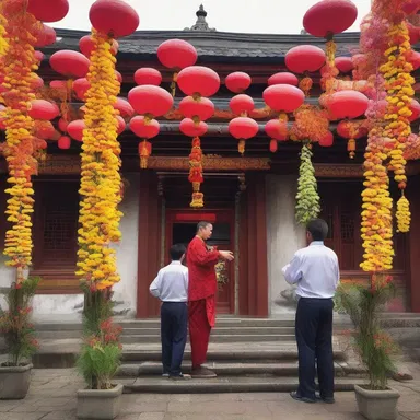 During the spring festival, the devotees decorate the temple with garlands of spring squill.