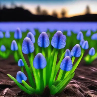 In the futuristic world, scientists genetically modified spring squill to glow in the dark, creating a mesmerizing landscape.