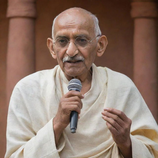 A peaceful image of Mahatma Gandhi in his traditional Indian attire, holding a microphone, singing into it with serene passion. The background is a historical Indian setting.