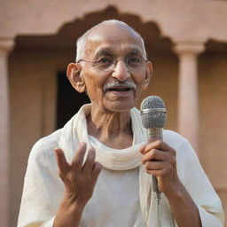 A peaceful image of Mahatma Gandhi in his traditional Indian attire, holding a microphone, singing into it with serene passion. The background is a historical Indian setting.