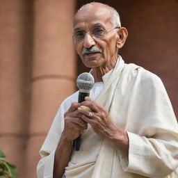 A peaceful image of Mahatma Gandhi in his traditional Indian attire, holding a microphone, singing into it with serene passion. The background is a historical Indian setting.