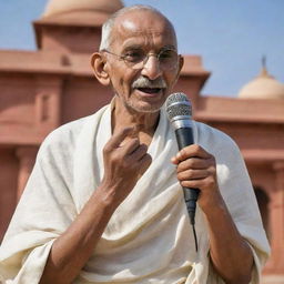 A peaceful image of Mahatma Gandhi in his traditional Indian attire, holding a microphone, singing into it with serene passion. The background is a historical Indian setting.