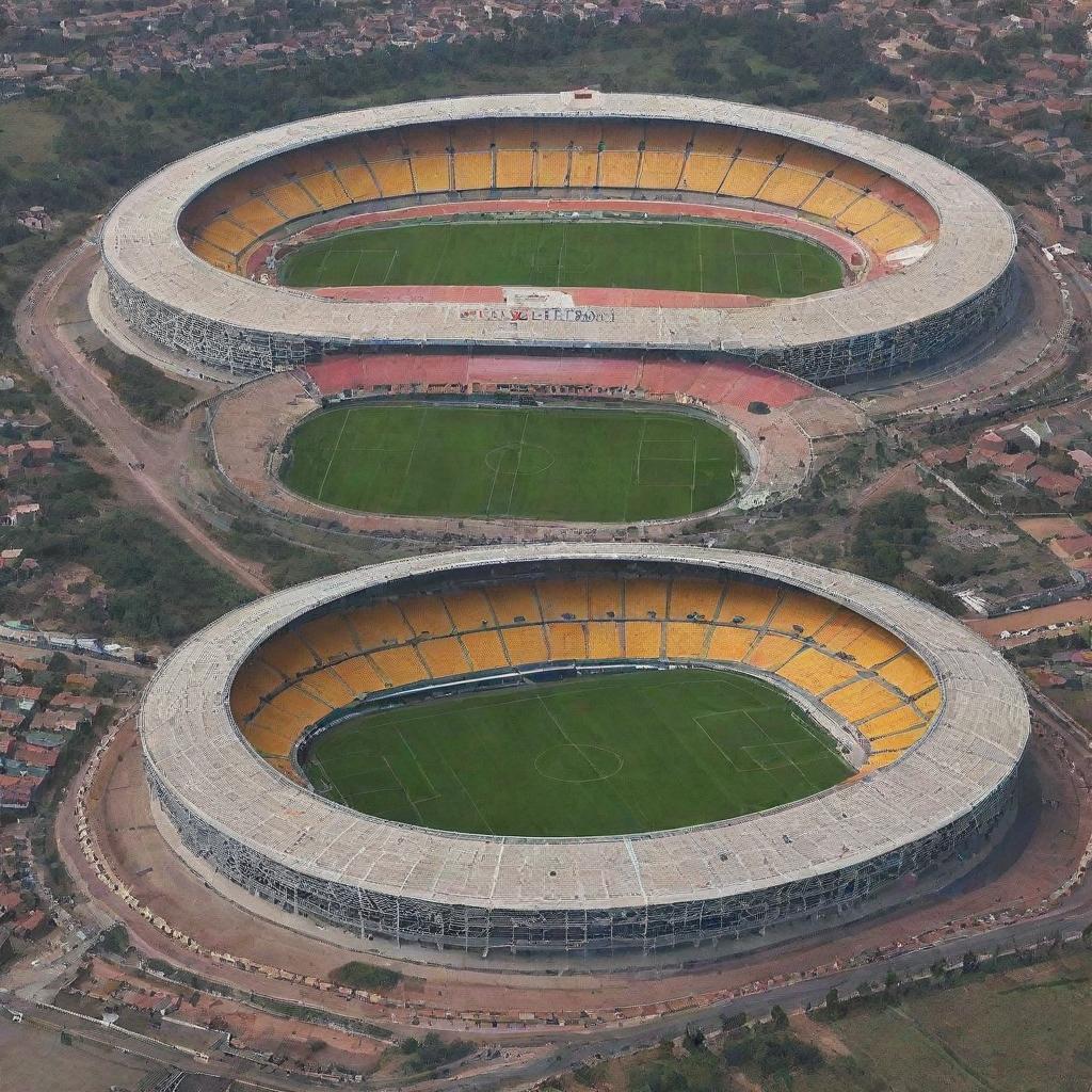 Generate a series of African Cup of Nations (AFCON) stadiums, uniquely tailored to reflect the nicknames of the national teams they host.