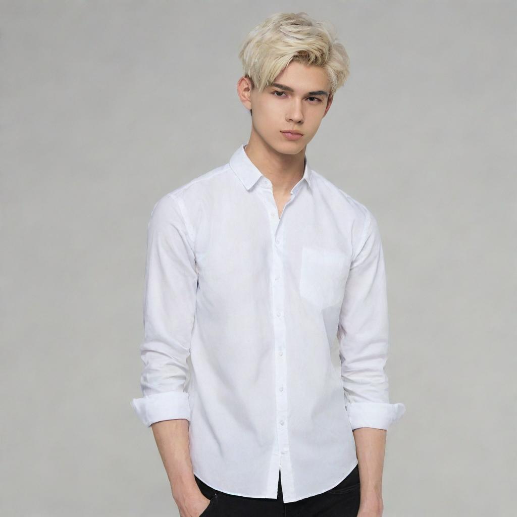 Anime-style, 21-year old male with light skin tone, slim features including waist, neck, and legs, with visible veins in hands and pronounced collarbone. Attired in white shirt, black jeans, and sporting a white, wolf-cut hairstyle.