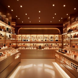 An elegant perfume store interior, 10ft in width and 3ft in length, showcasing an array of luxury fragrance bottles.