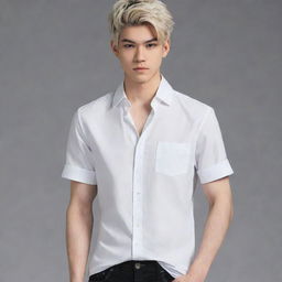 Anime-style, 21-year old male with light skin tone, slim features including waist, neck, and legs, with visible veins in hands and pronounced collarbone. Attired in white shirt, black jeans, and sporting a white, wolf-cut hairstyle.