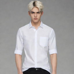 Anime-style, 21-year old male with light skin tone, slim features including waist, neck, and legs, with visible veins in hands and pronounced collarbone. Attired in white shirt, black jeans, and sporting a white, wolf-cut hairstyle.