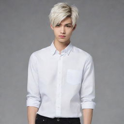 Anime-style, 21-year old male with light skin tone, slim features including waist, neck, and legs, with visible veins in hands and pronounced collarbone. Attired in white shirt, black jeans, and sporting a white, wolf-cut hairstyle.