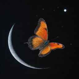 A vibrant butterfly delicately balanced on the edge of a shimmering crescent moon.