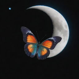 A vibrant butterfly delicately balanced on the edge of a shimmering crescent moon.