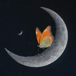 A vibrant butterfly delicately balanced on the edge of a shimmering crescent moon.