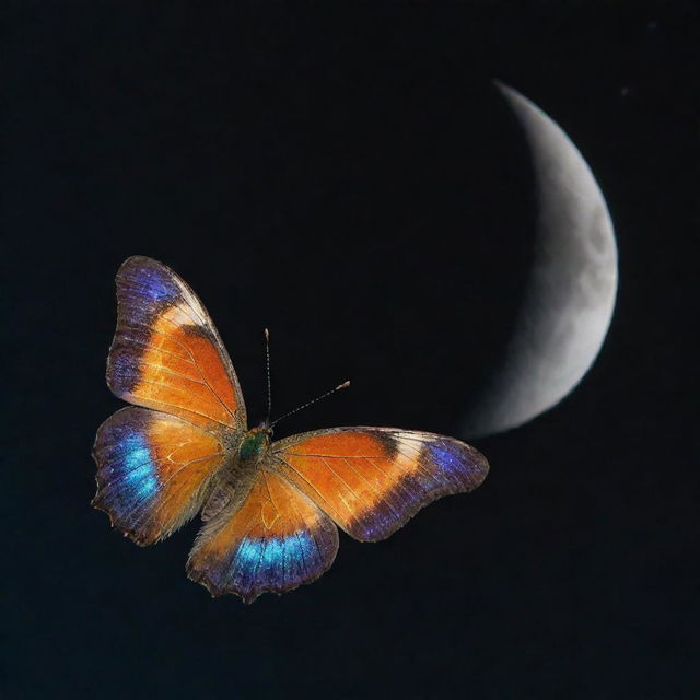 A vibrant butterfly delicately balanced on the edge of a shimmering crescent moon.