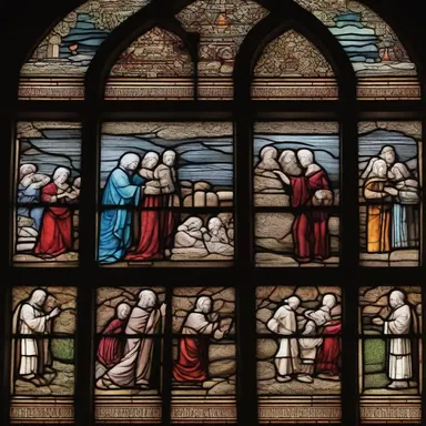 The interlocking design of the stained glass windows in the church depicted scenes from biblical stories.