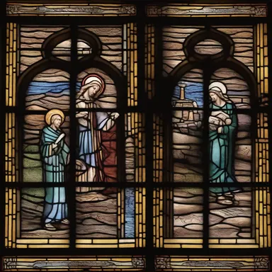 The interlocking design of the stained glass windows in the church depicted scenes from biblical stories.