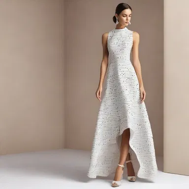 The designer created a dress with an interlocking pattern of fabric, giving it a unique and modern look.