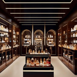 An elegant perfume store interior, 10ft in width and 3ft in length, showcasing an array of luxury fragrance bottles.