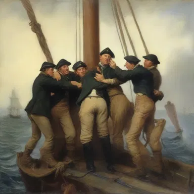 The artist's painting portrayed a group of lubberly sailors struggling with the rigging of their ship.