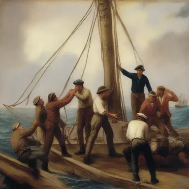 The artist's painting portrayed a group of lubberly sailors struggling with the rigging of their ship.