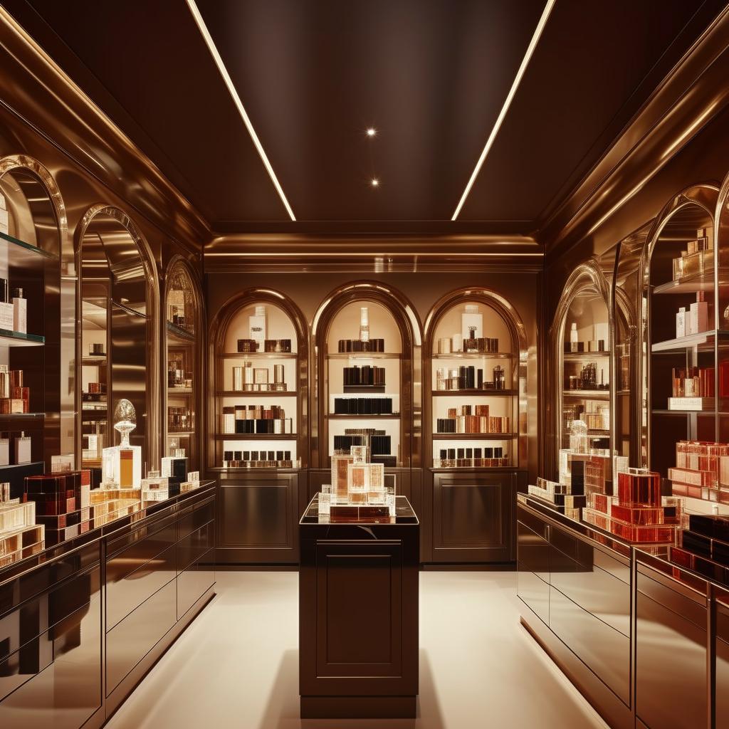 An elegant perfume store interior, 10ft in width and 3ft in length, showcasing an array of luxury fragrance bottles.