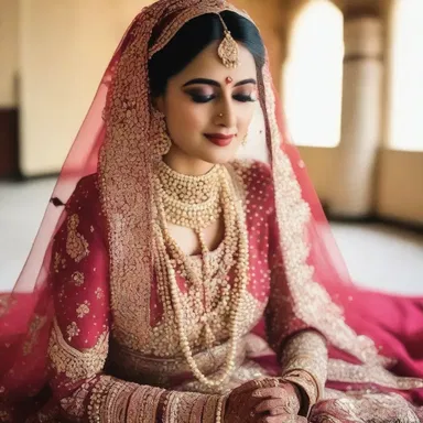 The bride wore a stunning gown, adorned with pearls and diamonds, which were part of her dowry.